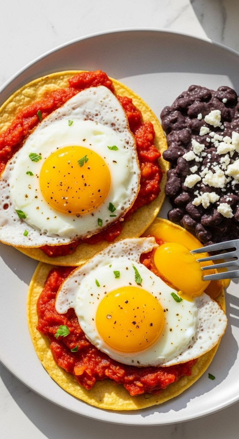 An appetizing plate of Huevos Rancheros featuring fried eggs smothered in vibrant red salsa, alongside refried beans with crumbled cheese, representing authentic Hispanic breakfast.