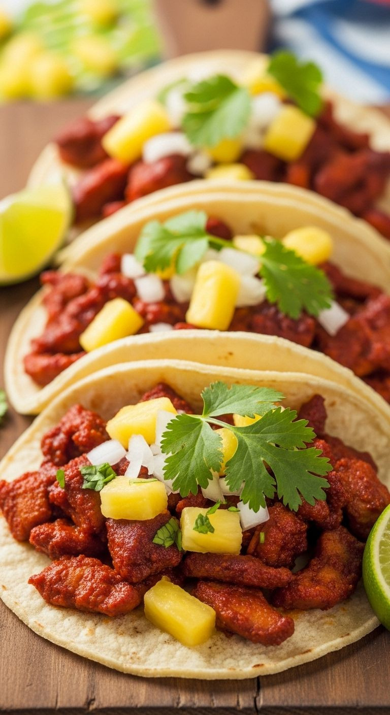 Three authentic Tacos al Pastor with marinated pork, pineapple, onion, and cilantro on corn tortillas, ready to be enjoyed as easy Mexican dinner.
