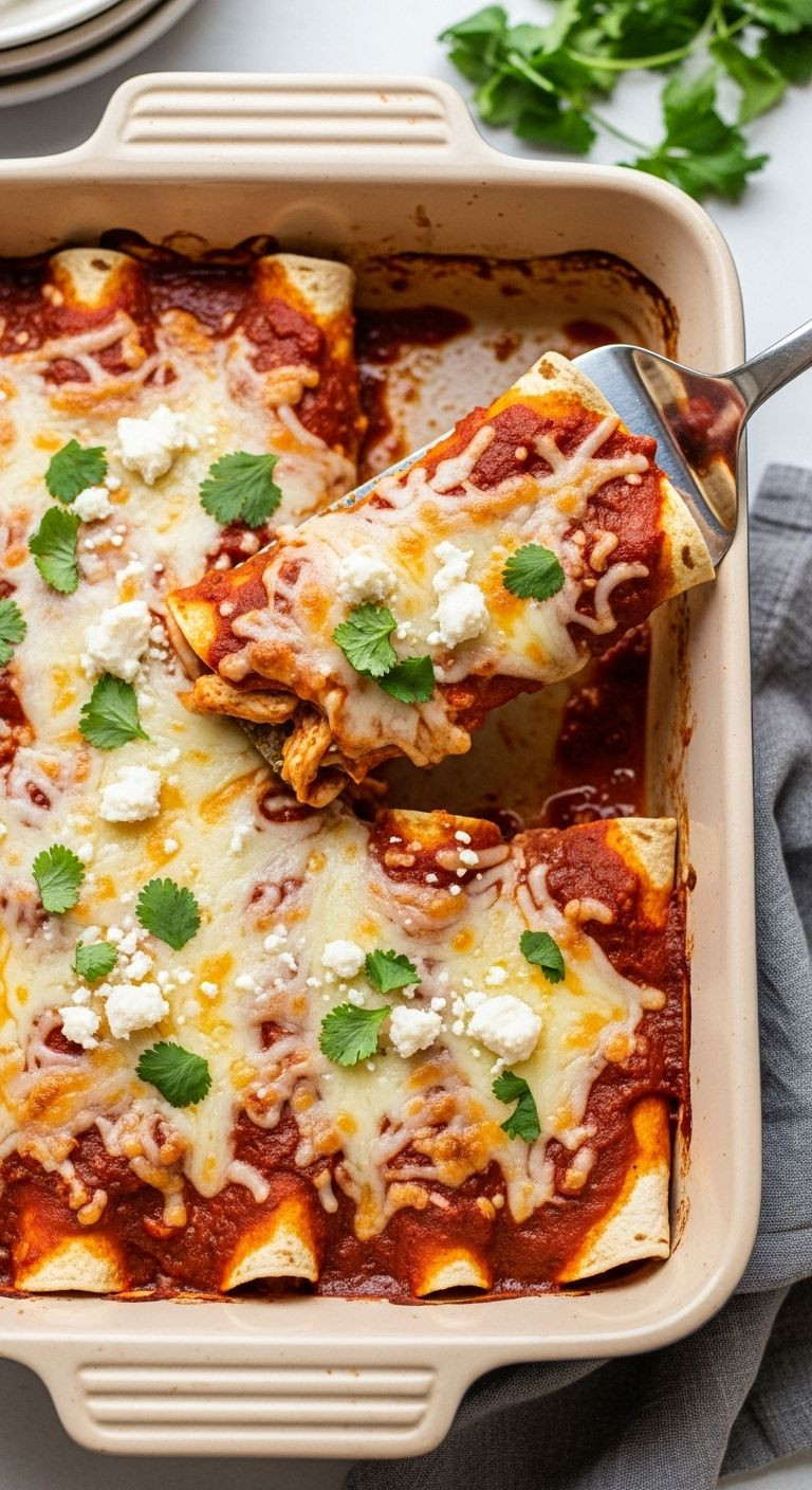 A rustic ceramic baking dish filled with cheesy Chicken Enchiladas with Salsa Roja, fresh from the oven, showing chicken filling and melted cheese.