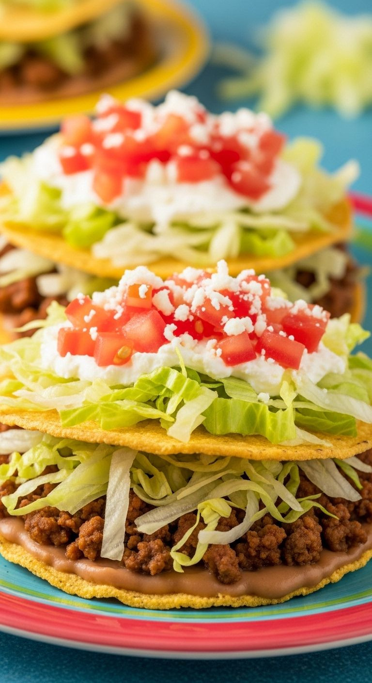 Two perfectly assembled Tostadas de Carne Molida with seasoned ground beef, lettuce, tomato, and cheese on a colorful plate, showcasing an easy authentic Mexican dinner.