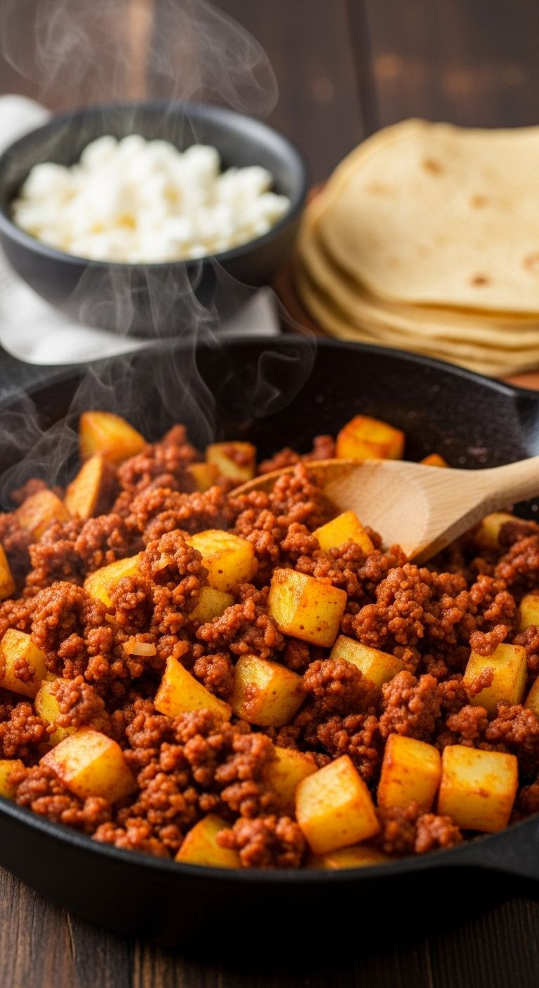 A sizzling cast-iron skillet filled with crispy Papas con Chorizo, served with warm tortillas and cheese, perfect for an easy authentic Mexican dinner.