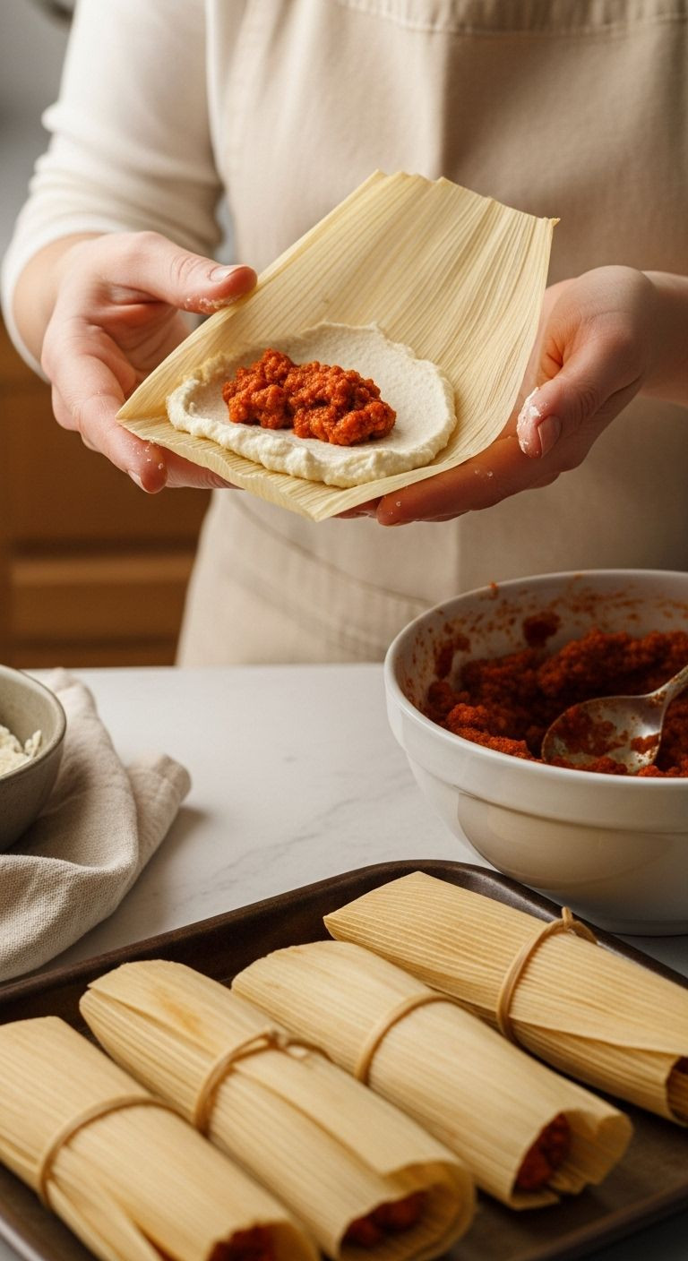 Hands spread masa on a corn husk with red pork filling nearby, preparing authentic Hispanic tamales for steaming.