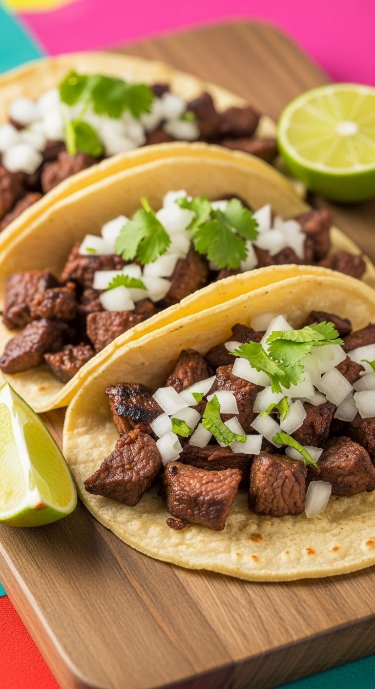 Three authentic carne asada street tacos topped with steak, onion, cilantro, and a lime wedge on a rustic wooden board.