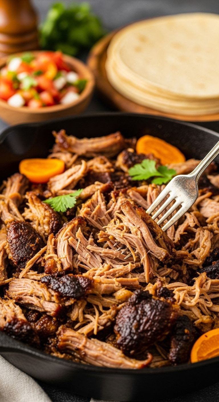 A cast-iron skillet filled with crispy and tender Easy Stovetop Carnitas, with pico de gallo and warm tortillas in the background, making a perfect Mexican dinner.