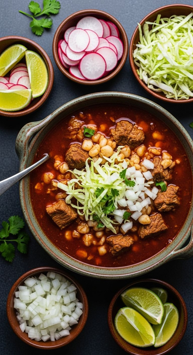 A large rustic ceramic bowl of Hearty Pork and Hominy Pozole Rojo, surrounded by vibrant garnishes, perfect for an easy authentic Mexican dinner.
