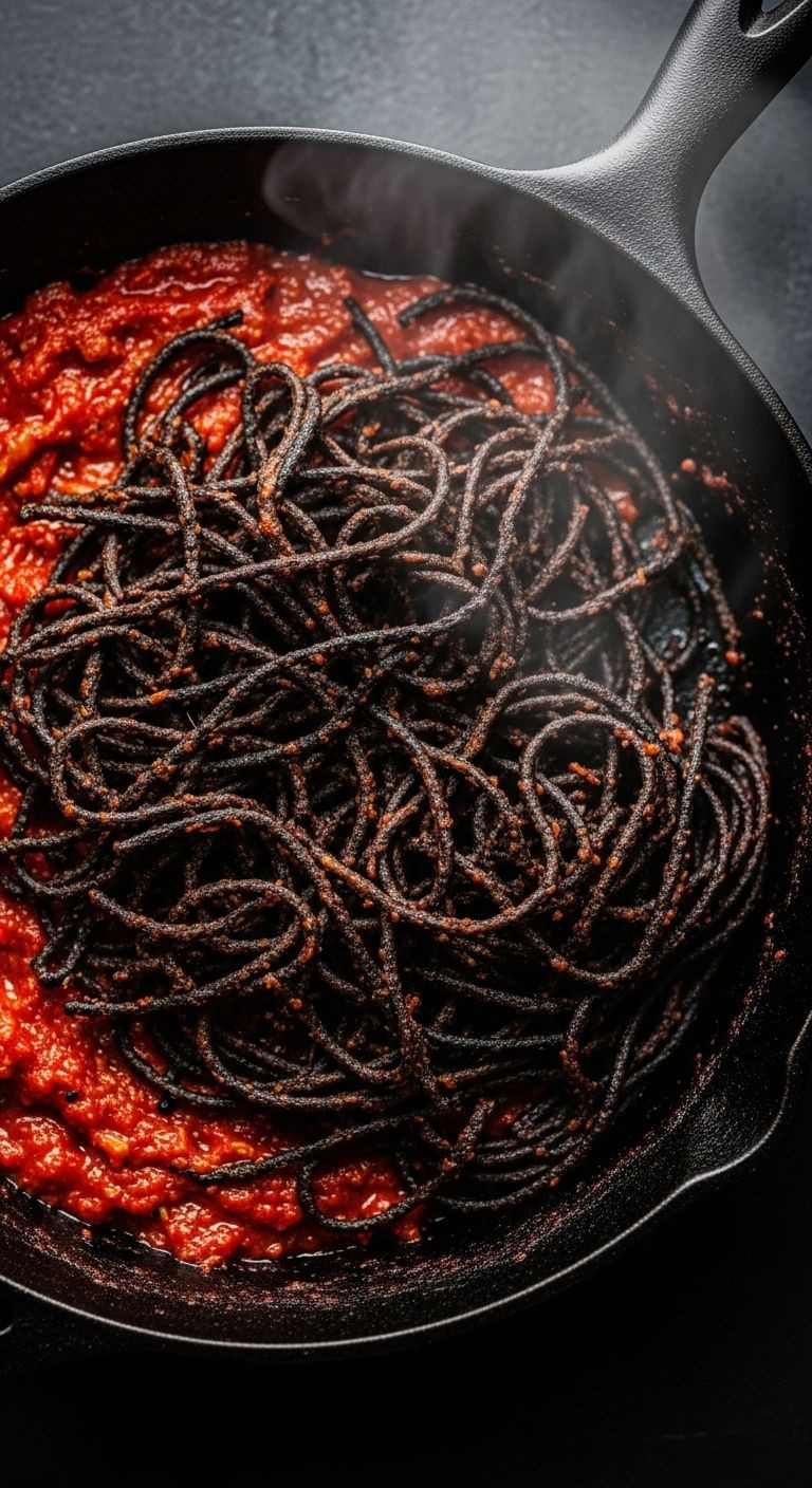 A dynamic top-down shot of Spaghetti All'Assassina in a dark cast-iron skillet, featuring vibrant red sauce and dark, crispy, charred spaghetti with a wisp of steam.