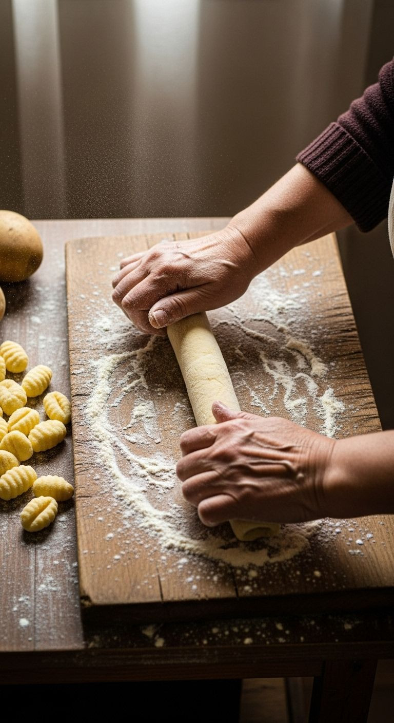 Older hands, like a Nonna's, roll fresh potato gnocchi dough on a flour-dusted rustic wooden board with finished gnocchi visible.