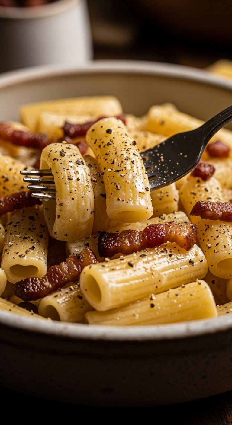 A close-up shows a fork twirling rigatoni coated in creamy Pasta Alla Gricia sauce with crispy guanciale and black pepper in a rustic bowl.