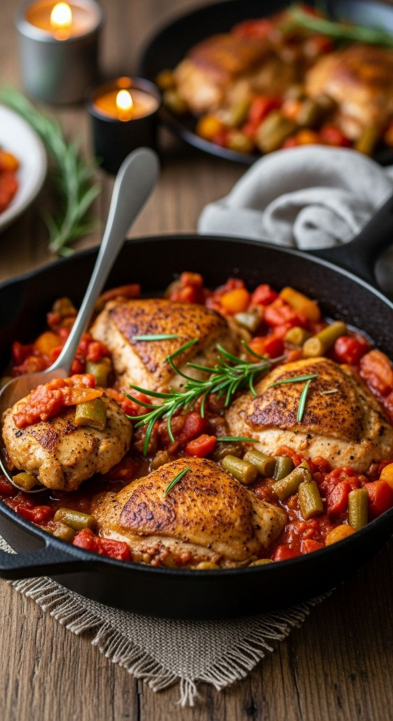 A cast-iron skillet brimming with Chicken Cacciatore rests on a rustic wooden table, garnished with fresh rosemary and a serving spoon.