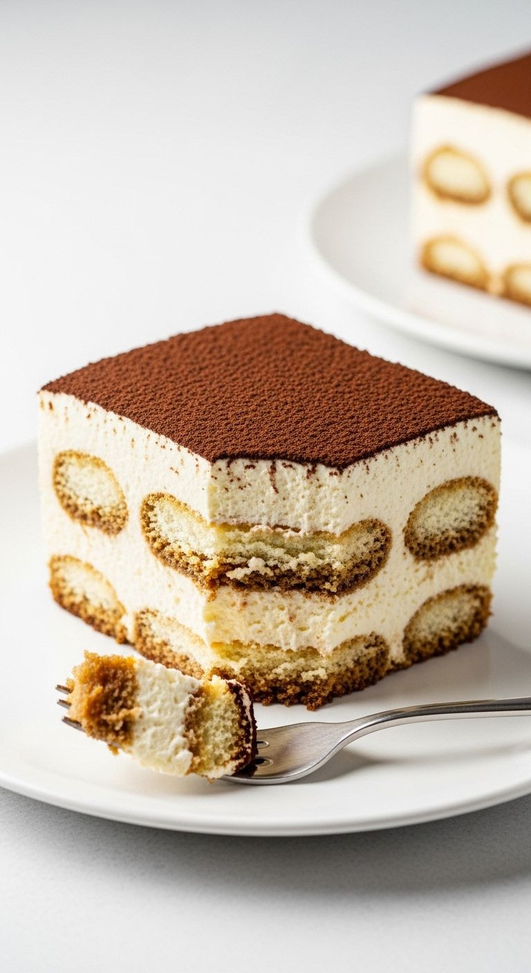 A perfect slice of tiramisu with visible layers and a heavy dusting of cocoa powder sits on a white plate, with a dessert fork poised to take a bite.