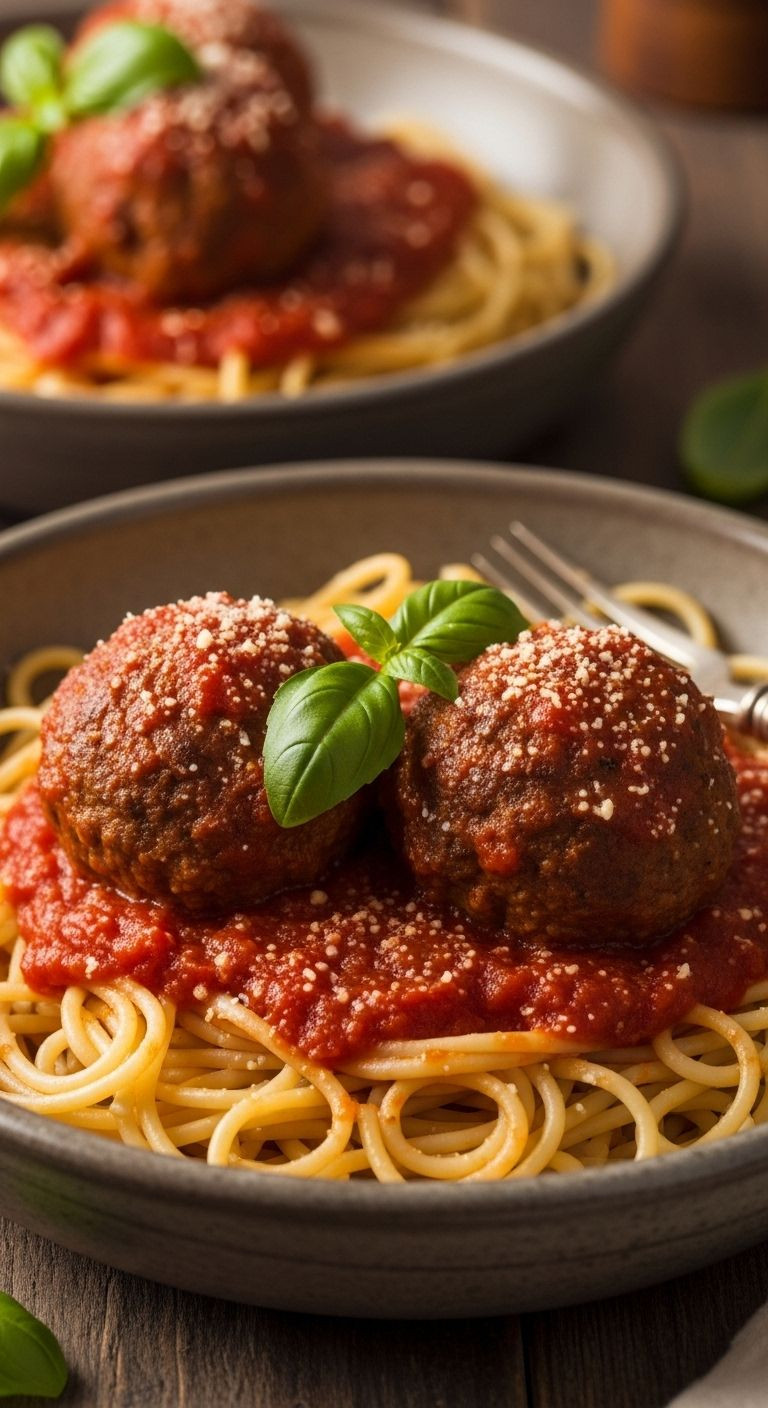 A close-up of a rustic bowl filled with spaghetti and two large, saucy Italian meatballs, garnished with fresh basil and Parmesan cheese.
