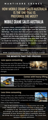 If you are looking for a mobile crane sales Australia? Get a platform to buy crane hire rates in Sydney.  MantiKore Cranes is a cranes specialist with over 20 years’ experience in the construction industries. We Provides best cranes for sale or hiring. Our Crane is highly being used at construction sites to make the entire work stress-free and increase the productivity. We are providing Tower Cranes, Mobile Cranes, Self-Erecting Cranes, and Electric Luffing Cranes. Our professionals will provide you the effective solutions and reliable services that can help you to solve technical problems that might occur sometimes. Also get effective solutions for any requirements of your projects for the best price & service, visit our website today! 


•	Website: https://mantikorecranes.com.au/mobile-cranes/
•	Contact us: 1300626845
•	Address:  PO BOX 135 Cobbitty NSW, 2570 Australia
•	Email:  info@mantikorecranes.com.au 
•	Opening Hours:  Monday to Friday from 7 am to 7 pm