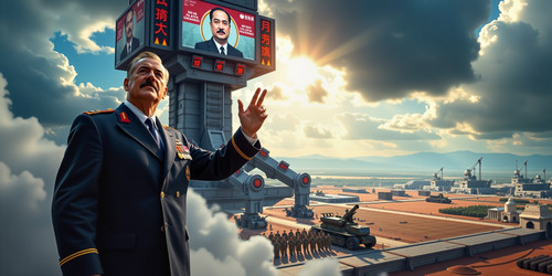 A grand cinematic portrait of a powerful dictator standing triumphantly before a futuristic machine .jpg