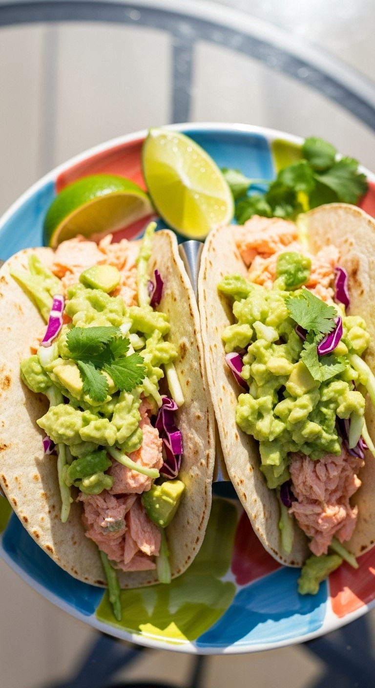 Two Spicy Salmon Tacos with flaky salmon and avocado slaw, garnished with lime and cilantro, presented on a colorful plate for an easy, healthy Mexican dinner.