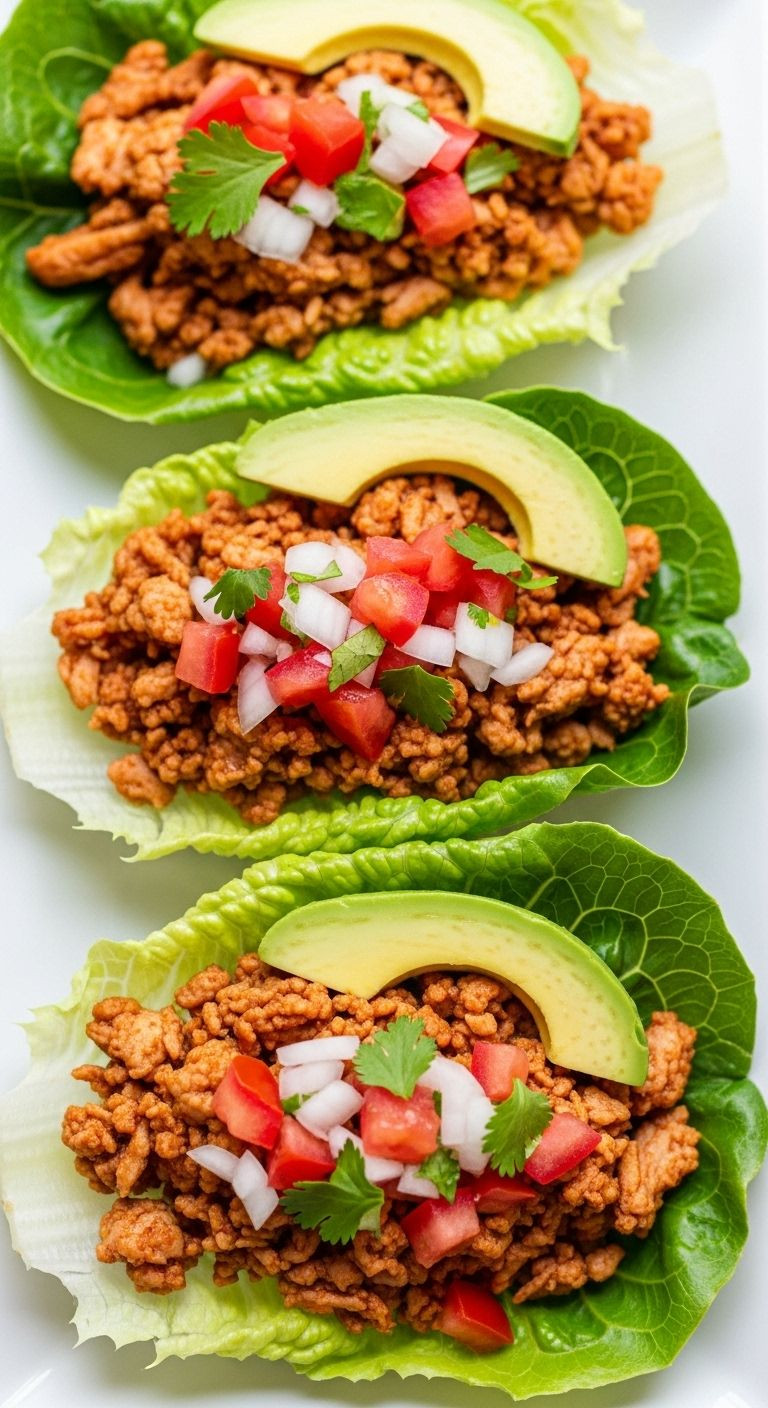 Three crisp Turkey Taco Lettuce Cups filled with savory turkey, pico de gallo, lettuce, and avocado, displayed on a white platter for a healthy Mexican dinner.