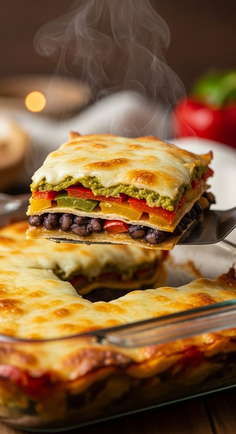A spatula lifts a slice of Healthy Mexican Casserole from a glass baking dish, showcasing colorful layers and melted cheese for an easy healthy dinner.