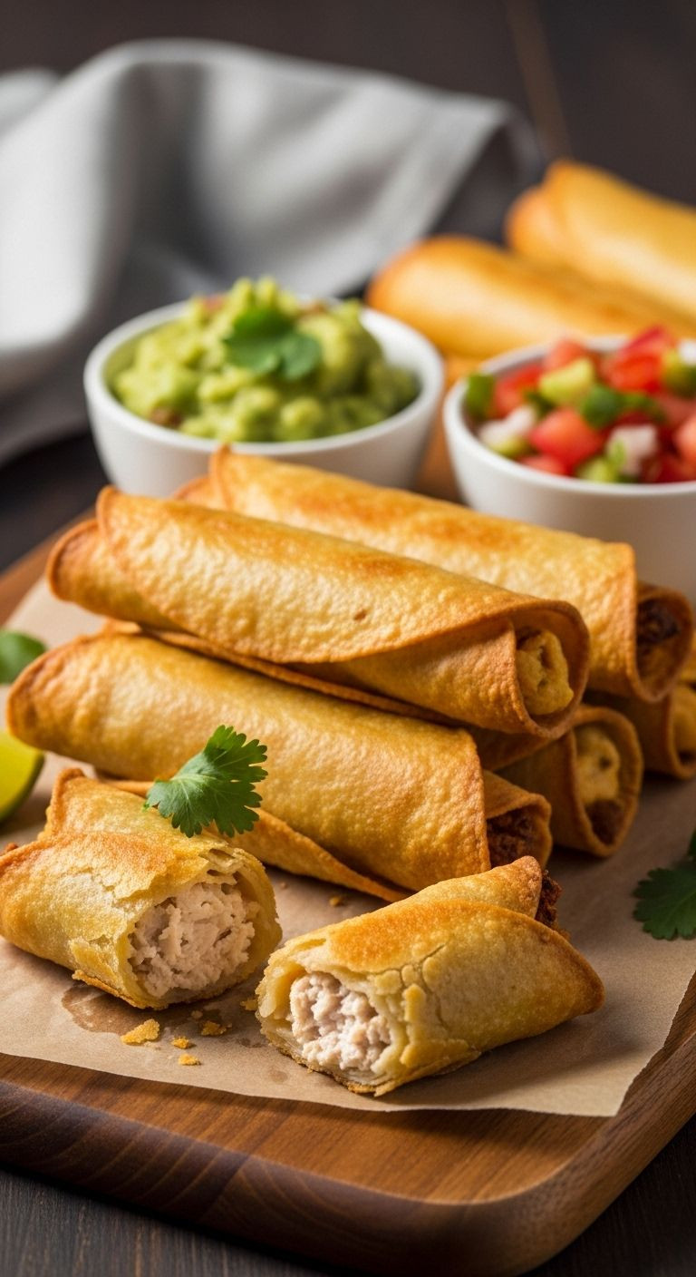 Crispy, golden-brown Air-Fried Chicken Taquitos with creamy chicken filling and dipping sauces, perfect for a healthy Mexican dinner.