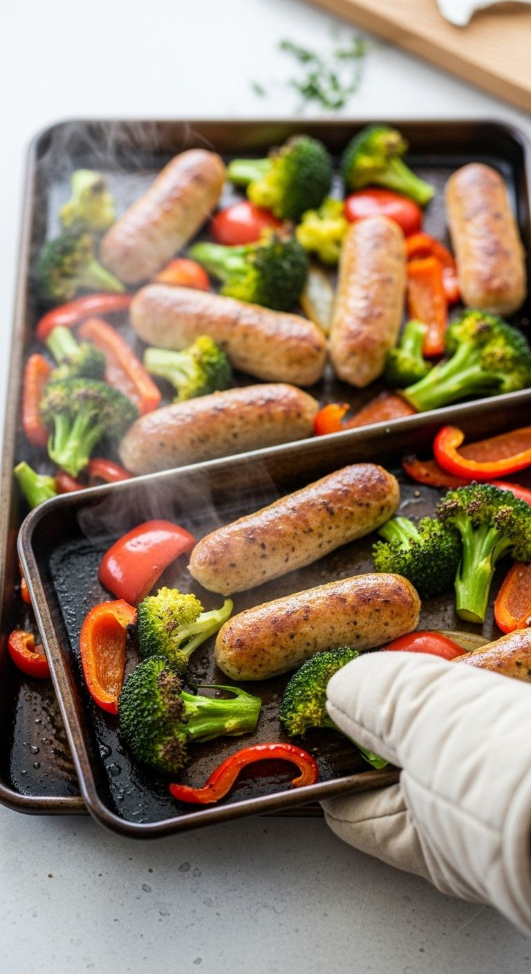 A sizzling sheet pan filled with roasted vegetables and golden-brown chicken sausage, just out of the oven, perfect for an easy, healthy weeknight dinner.