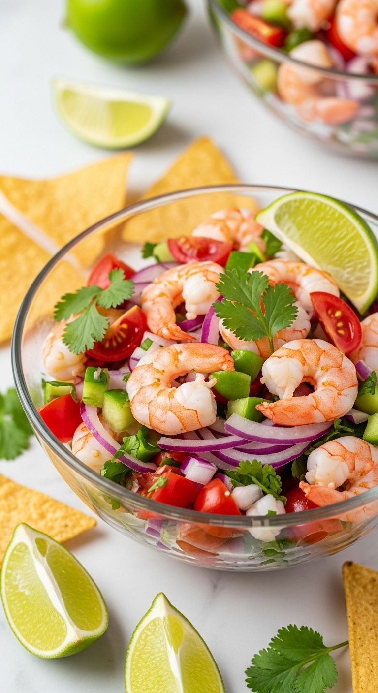 A vibrant glass bowl of zesty shrimp ceviche, with baked tortilla chips and lime wedges on a white marble countertop, perfect for a healthy Mexican dinner.