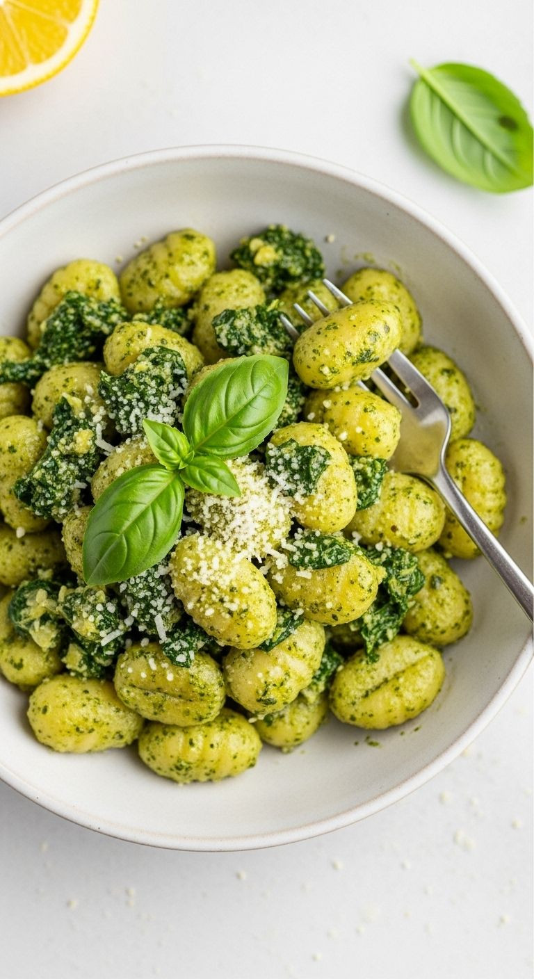 A ceramic bowl of creamy lemon kale pesto gnocchi, garnished with Parmesan and basil, offering an easy and healthy dinner idea for busy weeknights.