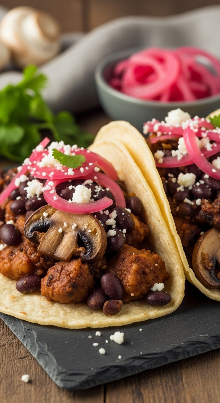 A close-up of two Easy Veggie Tacos filled with savory mushroom and bean mixture, garnished with pickled onions, on a dark slate board for a healthy Mexican dinner.