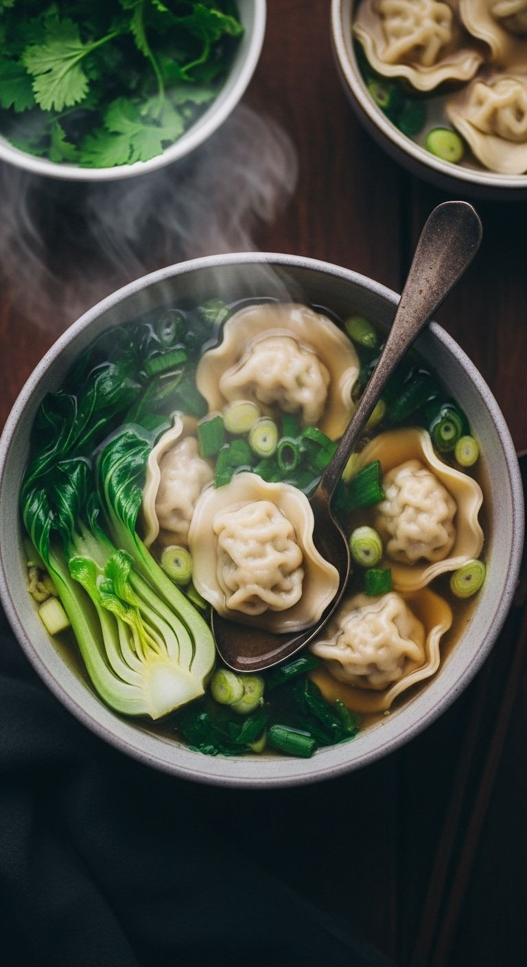 A steaming bowl of healthy dumpling soup with bok choy and scallions, resting on a dark wooden surface, perfect for a cozy weeknight dinner.