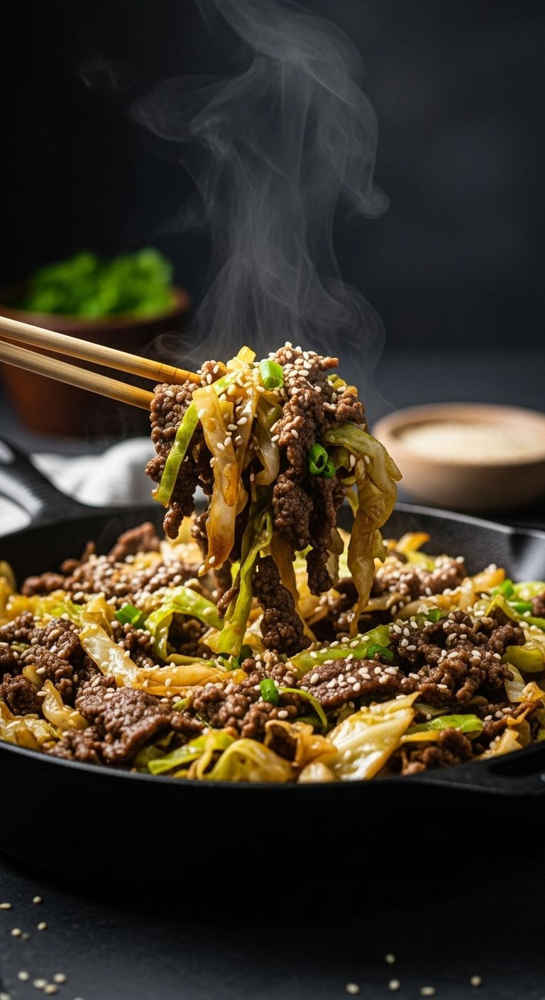 A black cast-iron skillet filled with sizzling beef and cabbage stir-fry, being lifted by chopsticks, offers a quick, healthy dinner idea for busy weeknights.