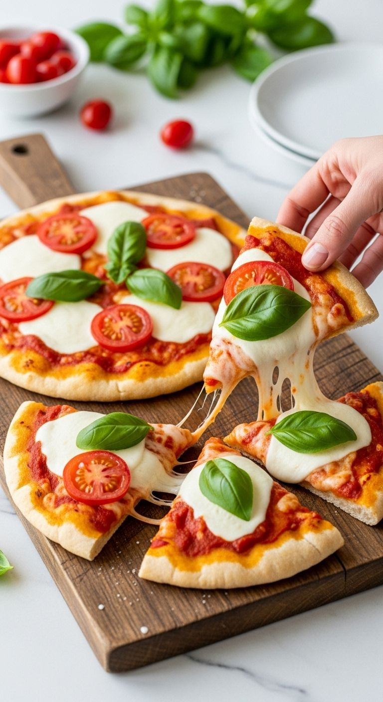 Two delicious Margherita pita pizzas with melted cheese, tomato, and fresh basil on a rustic wooden cutting board, ideal for an easy, healthy weeknight dinner.