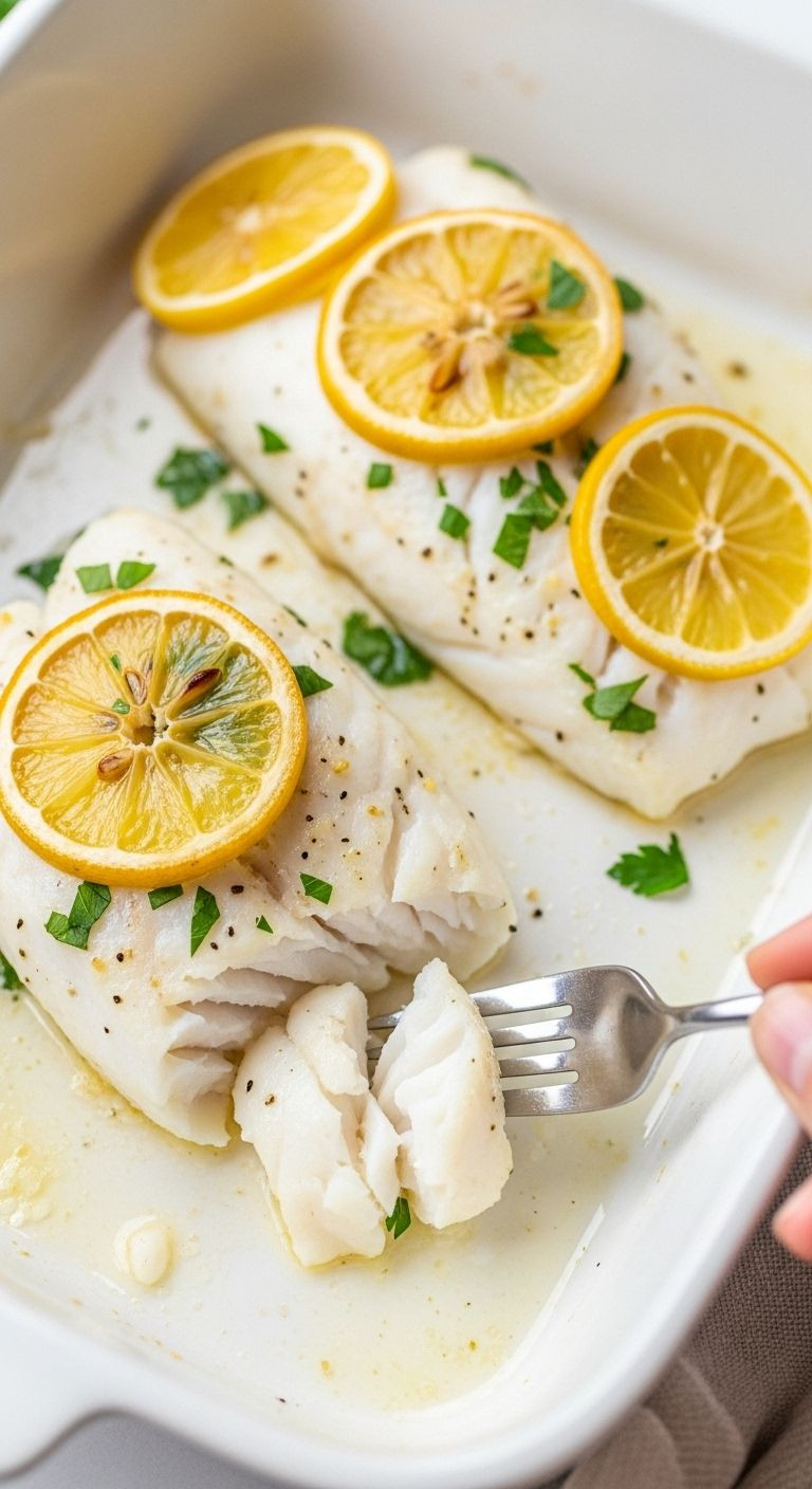 Two perfectly baked lemon-parsley cod fillets in a white ceramic dish, showcasing flaky texture and fresh garnishes, ideal for an easy, healthy weeknight dinner.