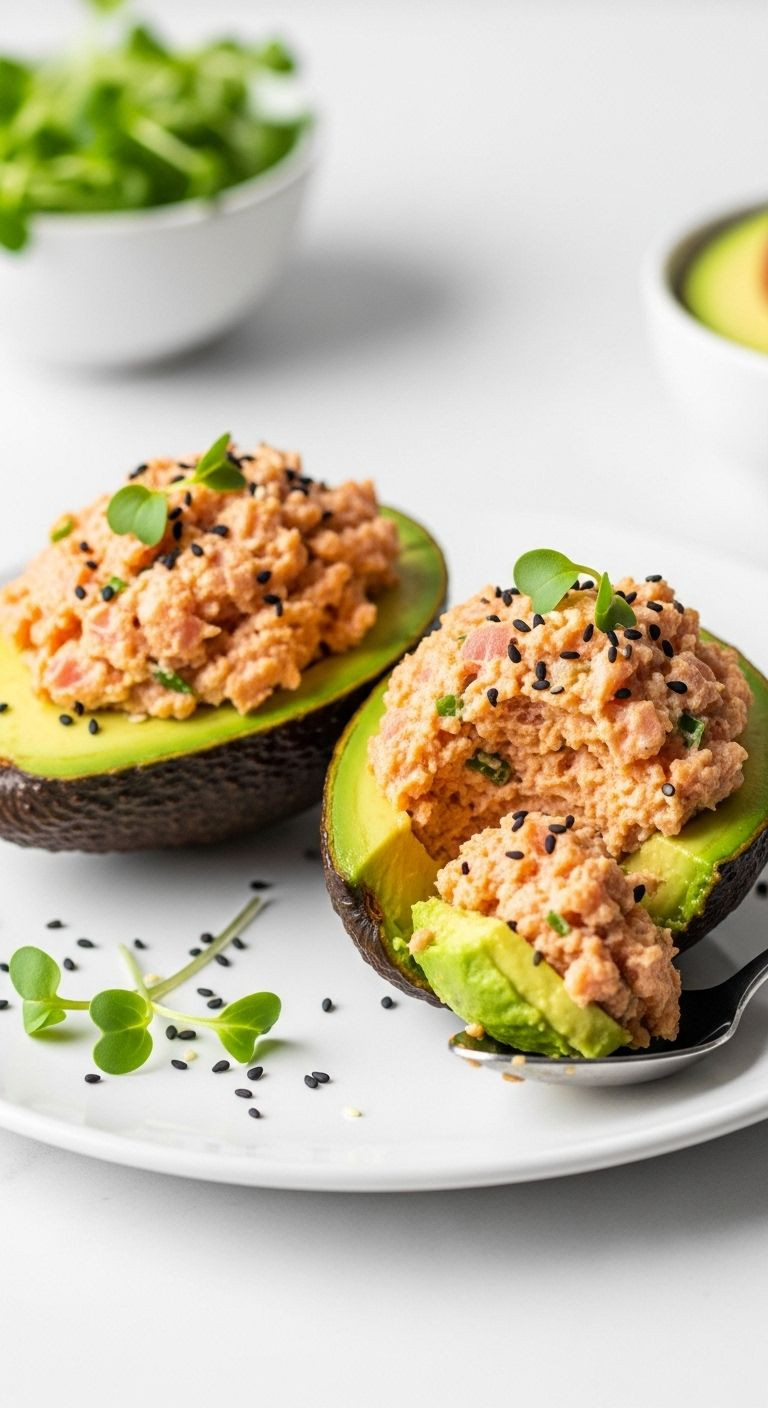 Two sriracha tuna stuffed avocado halves on a white plate, garnished with microgreens, offer an easy and healthy dinner idea for busy weeknights.