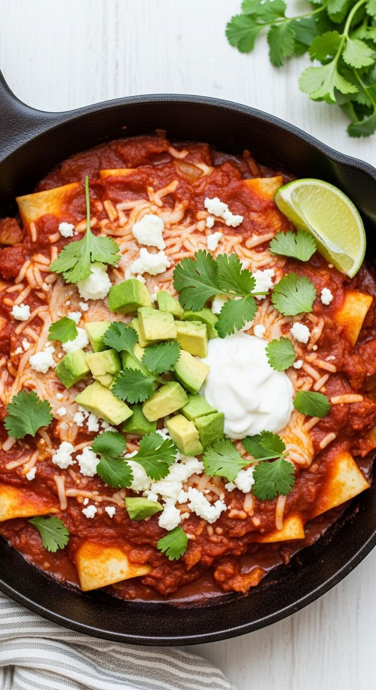 A rustic cast-iron skillet filled with Creamy and Healthy Chicken Enchilada Skillet, garnished with cilantro, avocado, and yogurt, perfect for an easy Mexican dinner.