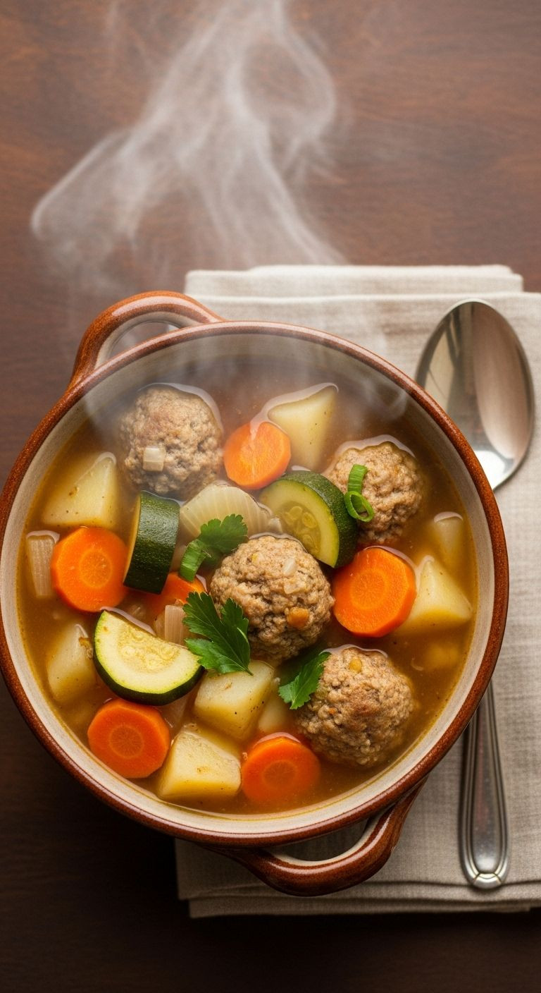 A rustic ceramic bowl of steaming Caldo de Albondigas, filled with meatballs and hearty vegetables, ideal for a warm, healthy Mexican dinner.
