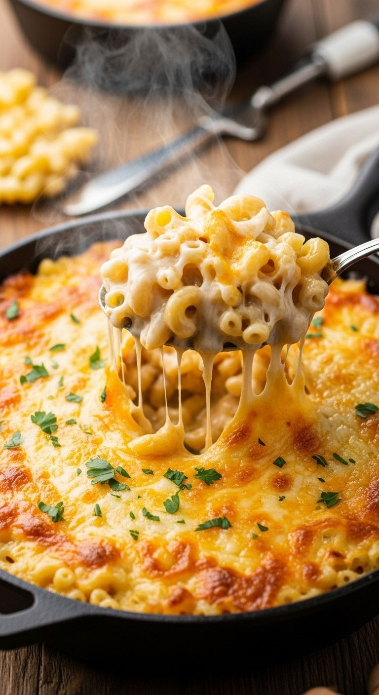 A close-up shot of creamy baked macaroni and cheese in a cast-iron skillet, with a serving spoon lifting a cheesy scoop.