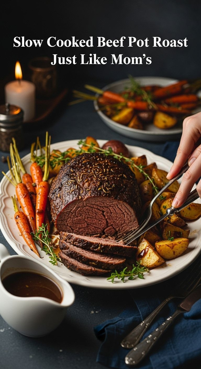 A perfectly cooked pot roast being sliced on a platter, surrounded by glazed carrots and potatoes, with a gravy boat.