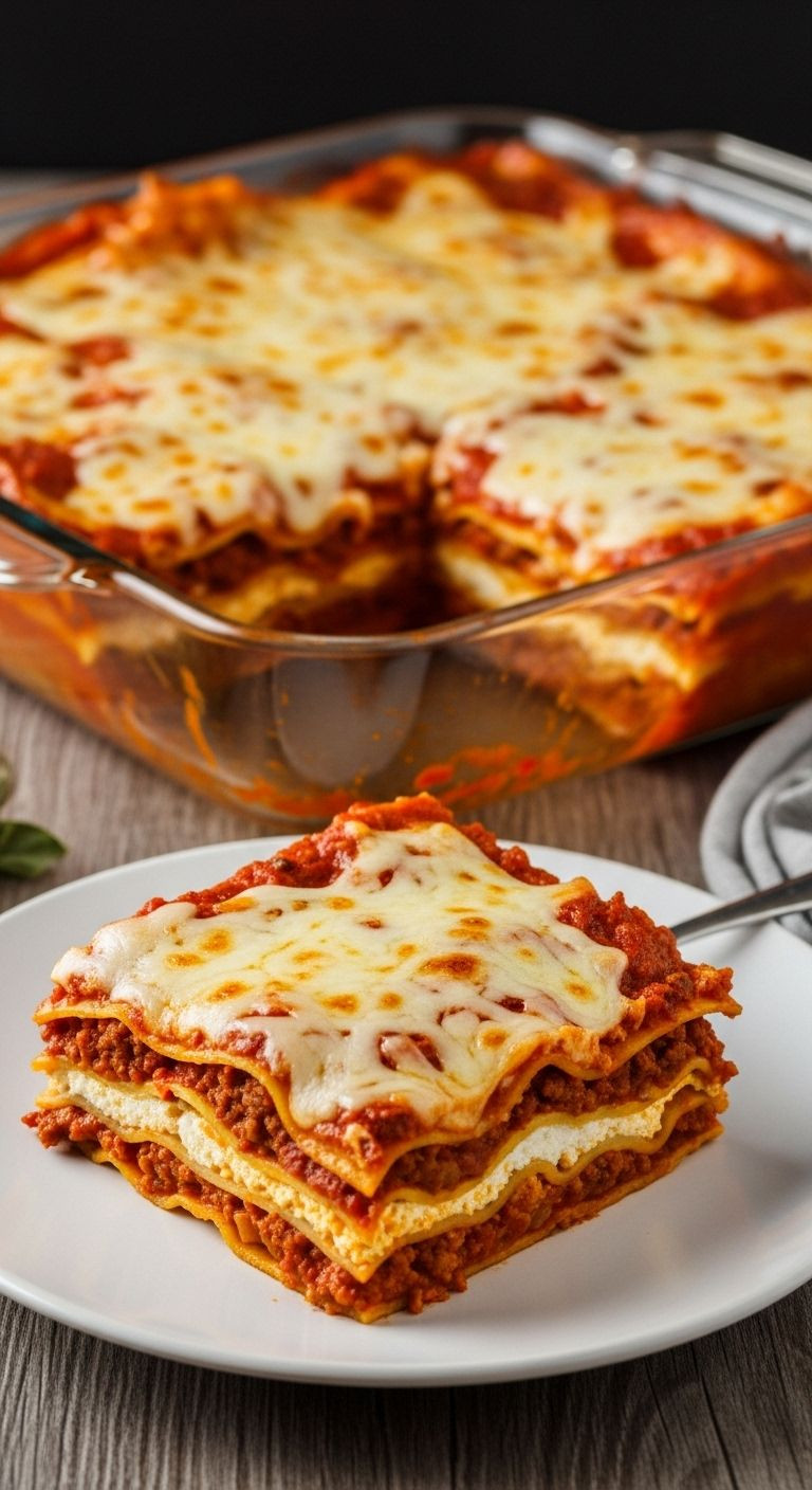 A large glass baking dish of lasagna with a perfect square piece on a plate, showing delicious layers of meat, pasta, and cheese.