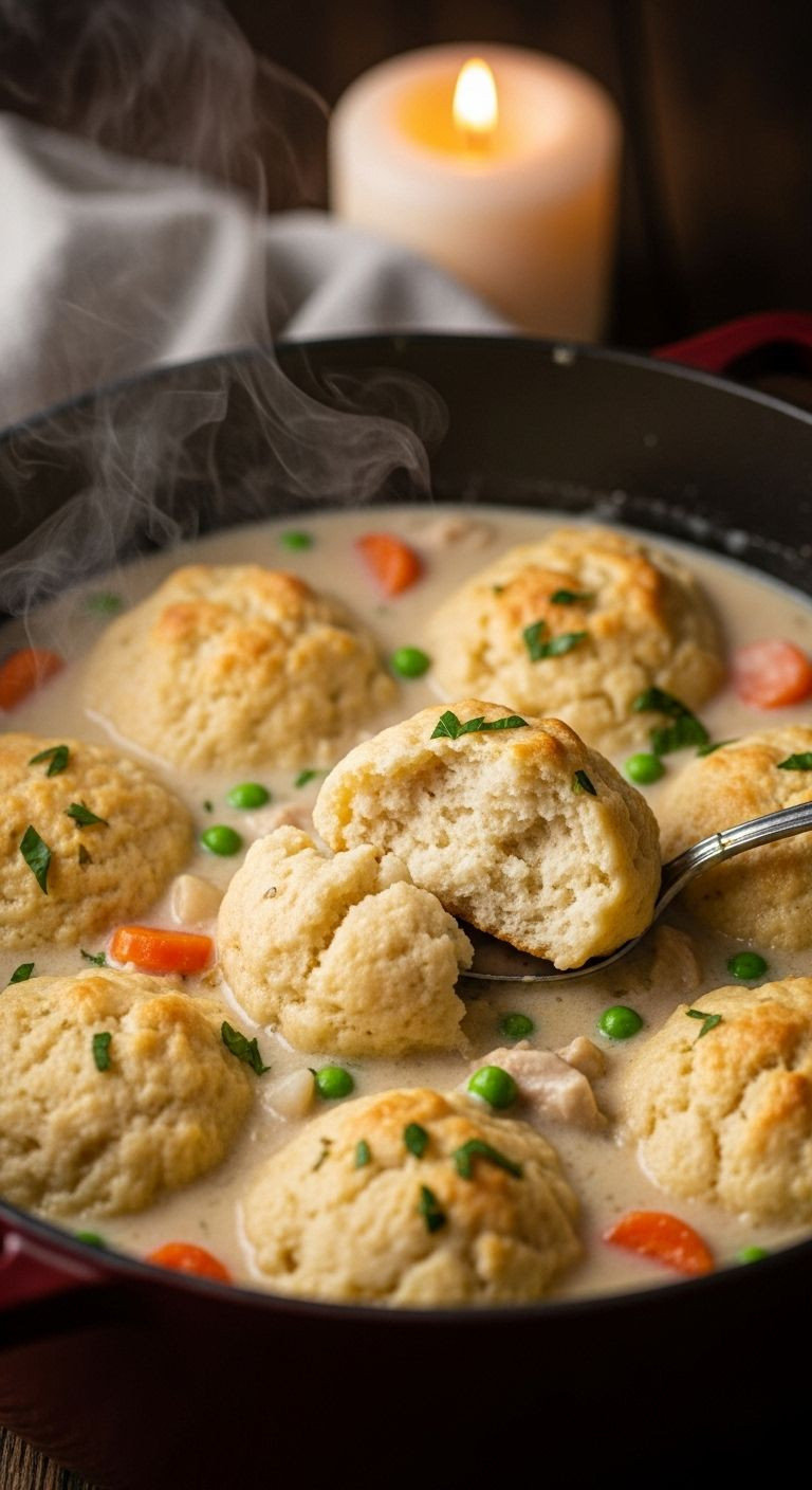 A close-up of creamy chicken and dumplings in a rustic dutch oven, with a broken dumpling showing its fluffy texture.
