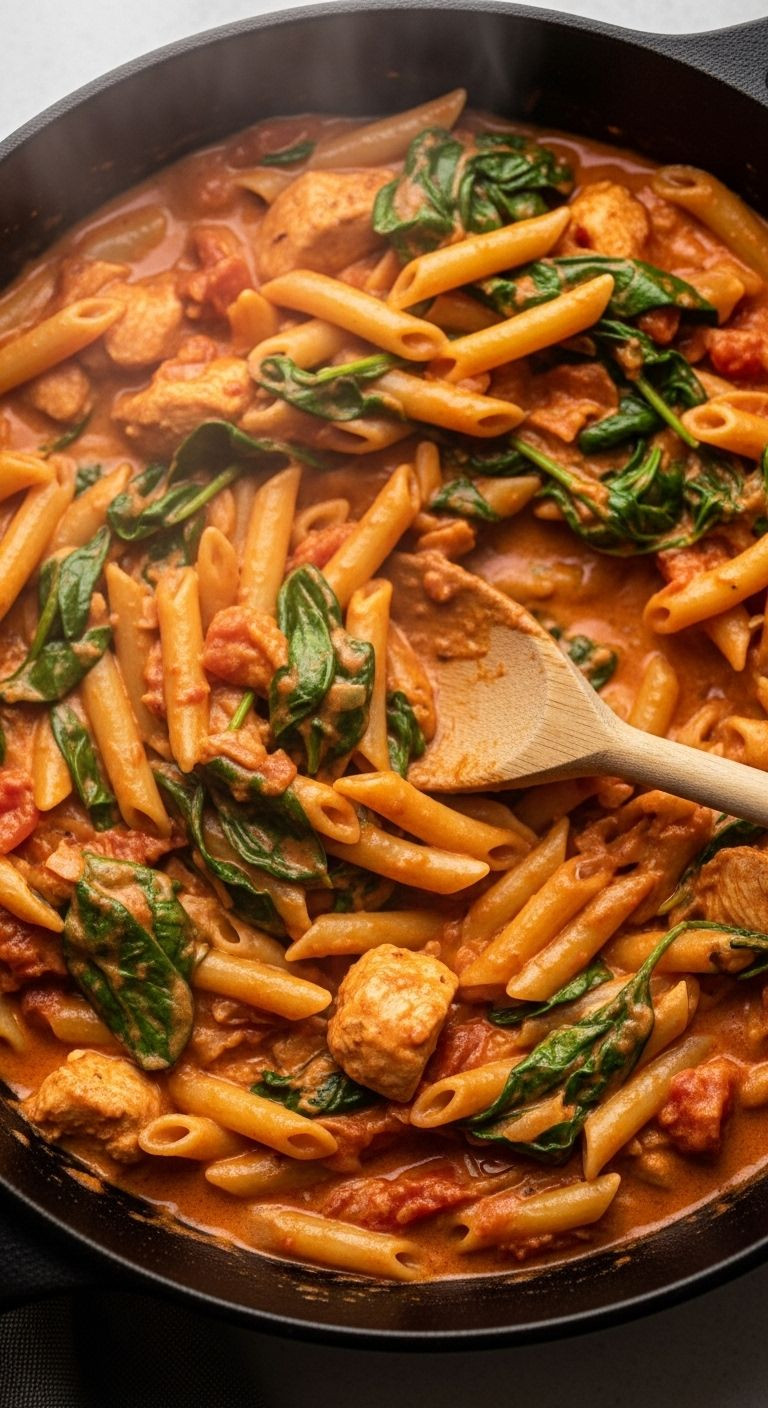 A close-up, overhead shot of creamy tomato and spinach pasta with chicken in a cast-iron skillet, with a wooden spoon.