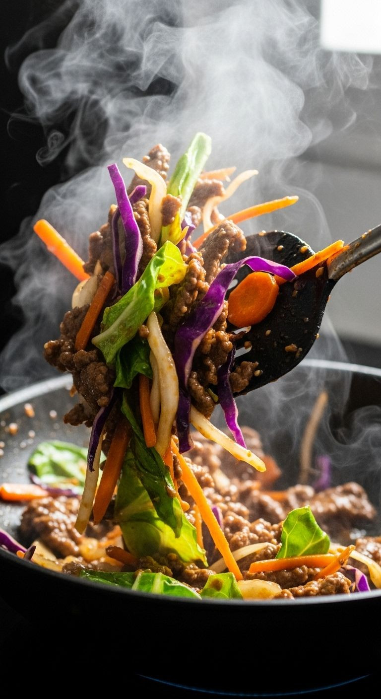 A dynamic shot of colorful beef and vegetable stir-fry being tossed in a dark wok.