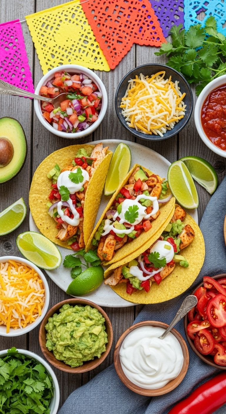 A flat lay of three chicken tacos artfully arranged with colorful toppings like pico de gallo, guacamole, and lime wedges.