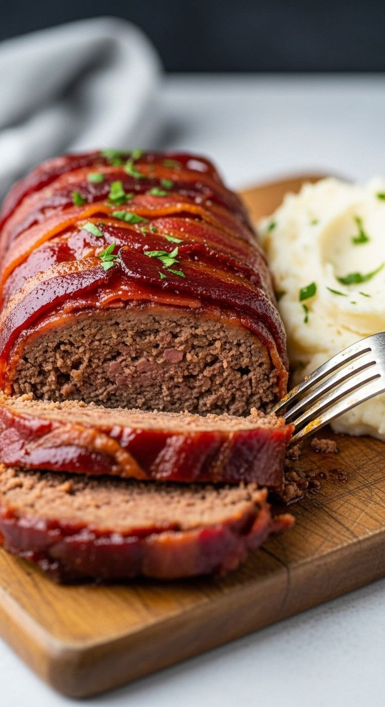 A perfectly sliced bacon-wrapped meatloaf on a cutting board, showing juicy texture and crispy bacon, with mashed potatoes.