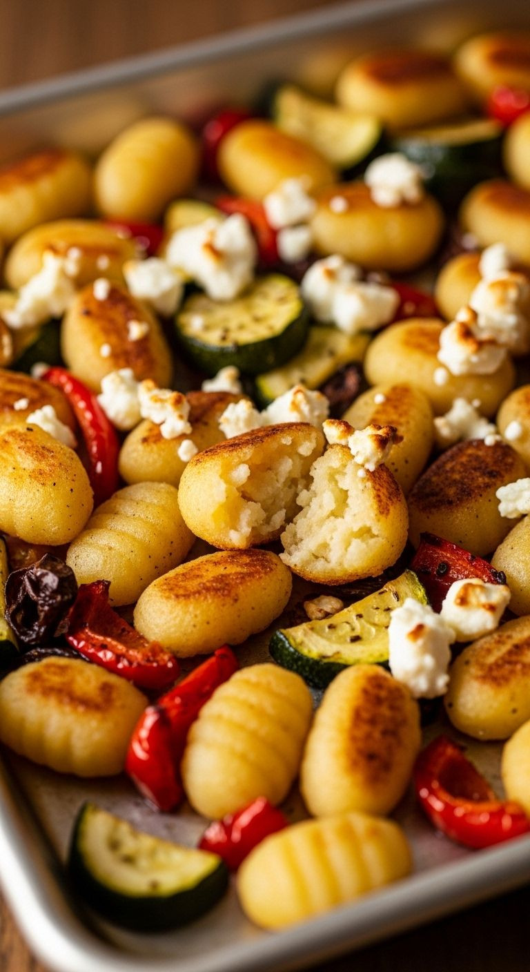 A close-up shot of a metal sheet pan filled with golden-brown crispy gnocchi mixed with roasted vegetables and crumbled feta.