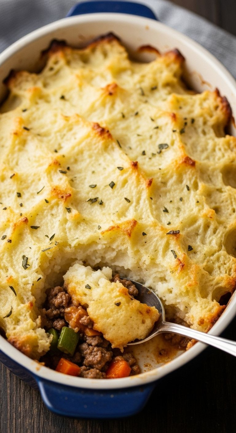 An individual ceramic dish of golden-brown shepherd's pie, with a scoop revealing the savory meat and vegetable filling.