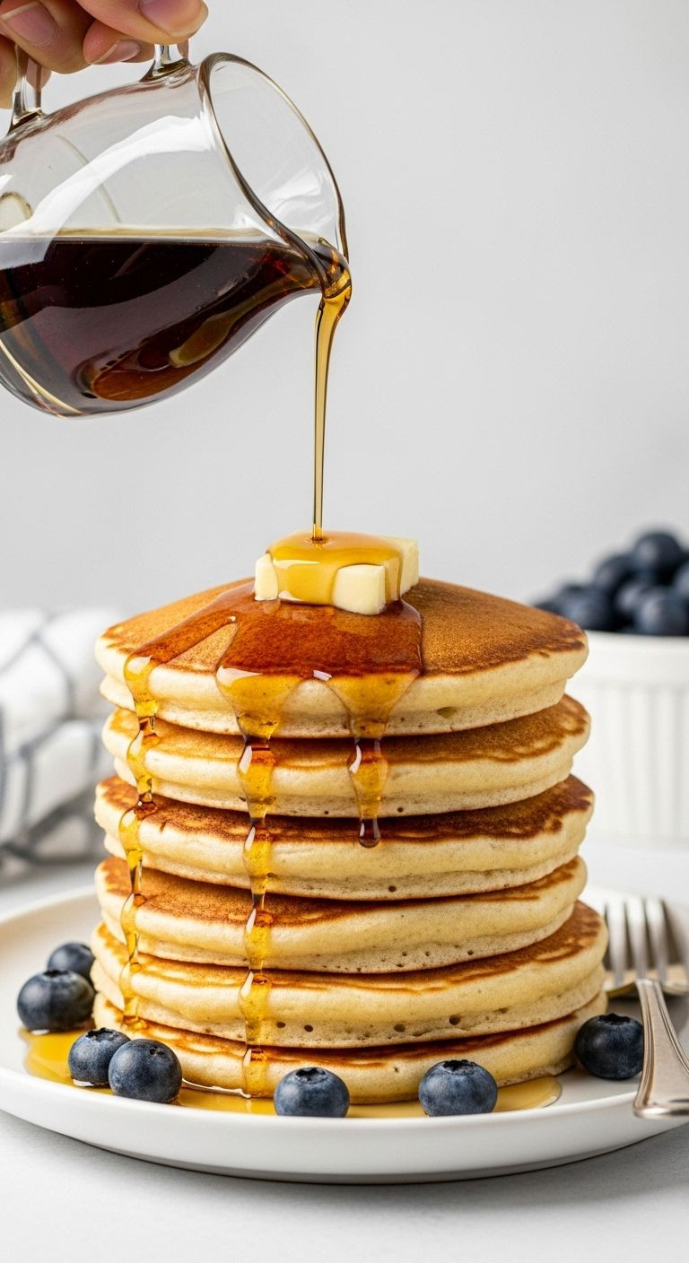 A tall stack of fluffy pancakes with melting butter and maple syrup dripping down, garnished with blueberries.