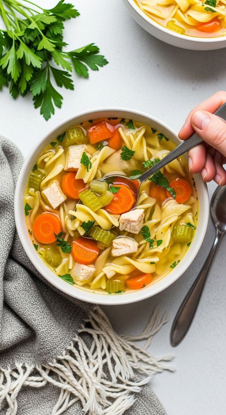 Overhead shot of a ceramic bowl filled with chicken noodle soup, with a hand holding a spoon, and a cozy blanket.