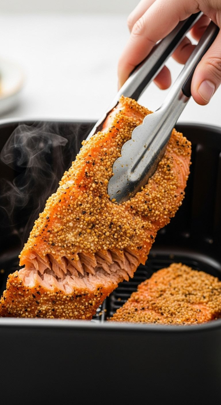 A hand uses tongs to lift a perfectly cooked, crispy-skinned salmon fillet from an air fryer basket.