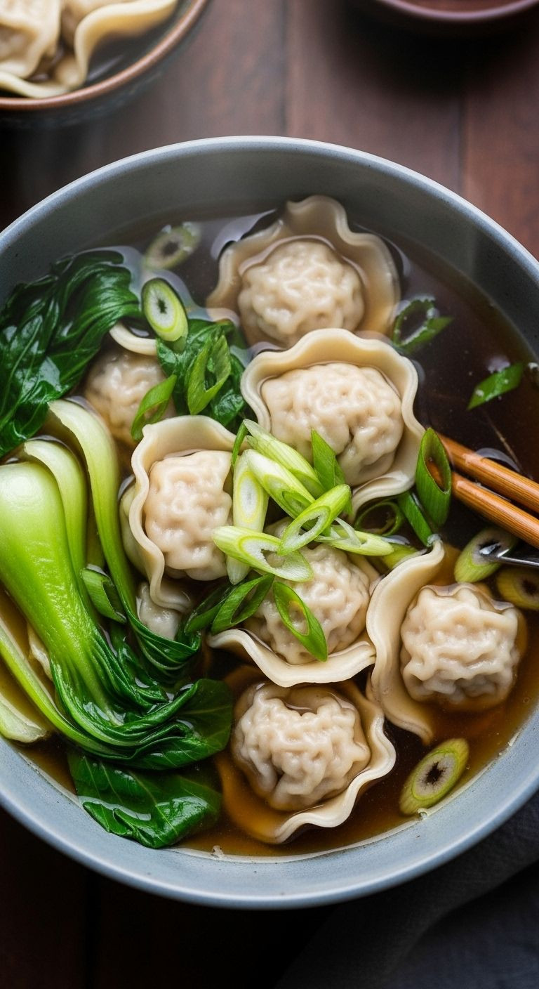 An overhead shot of a ceramic bowl filled with steaming dumpling soup, featuring plump dumplings, bok choy, green onions, and chopsticks.