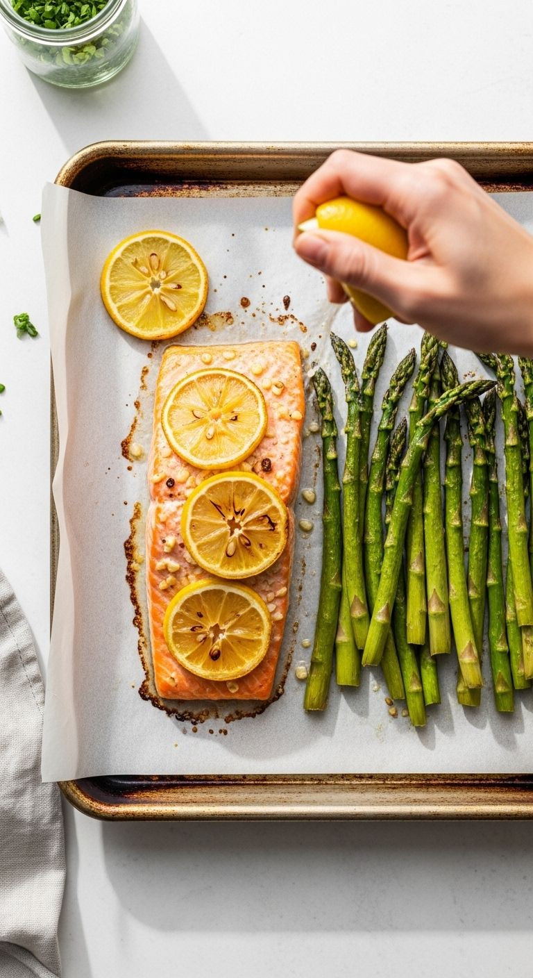An overhead shot of a sheet pan with perfectly cooked salmon and roasted asparagus, with a hand squeezing fresh lemon juice.