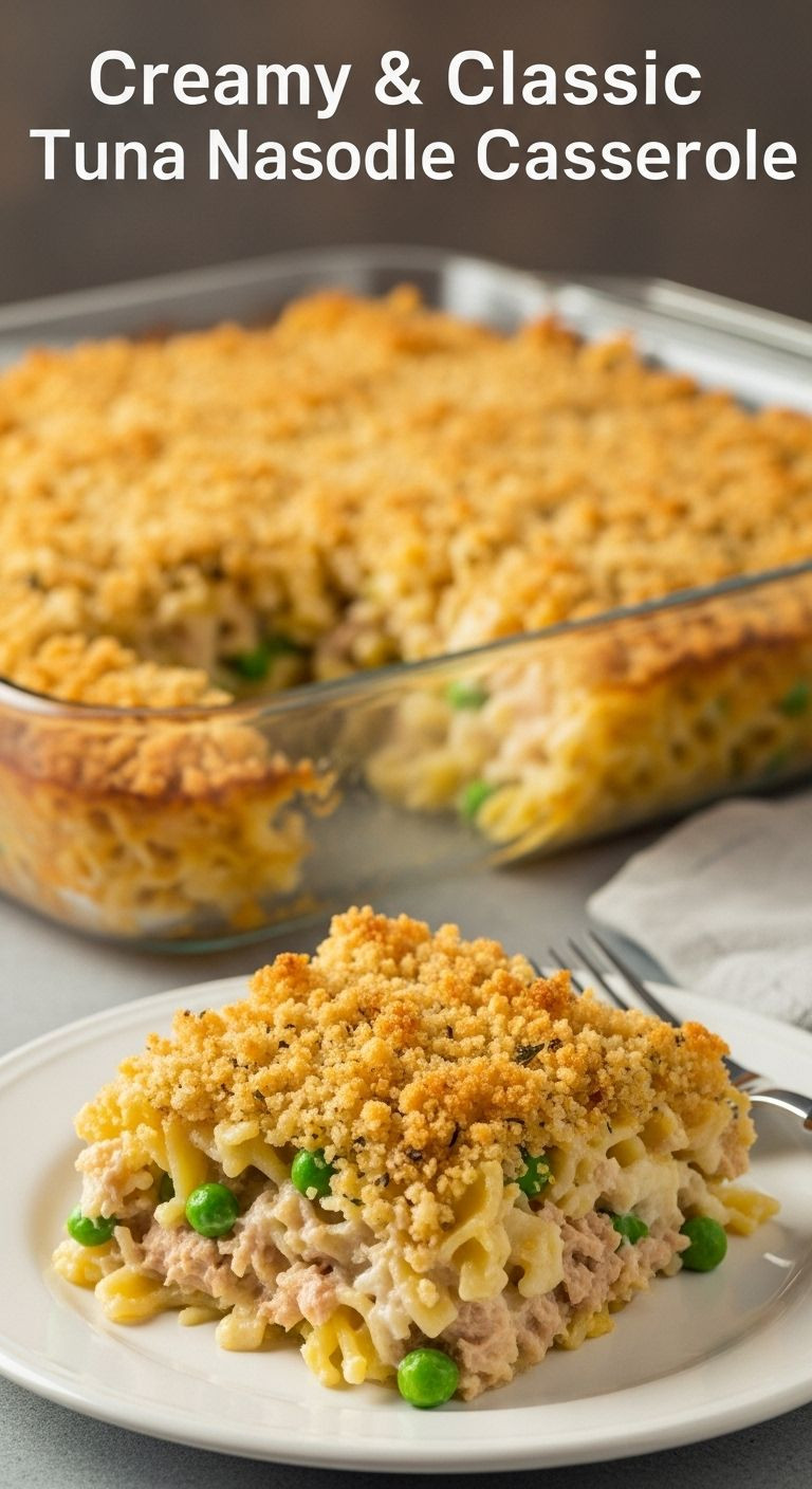 A rectangular glass baking dish of golden-brown tuna noodle casserole with a served portion showing creamy interior, noodles, tuna, peas, and crispy topping.