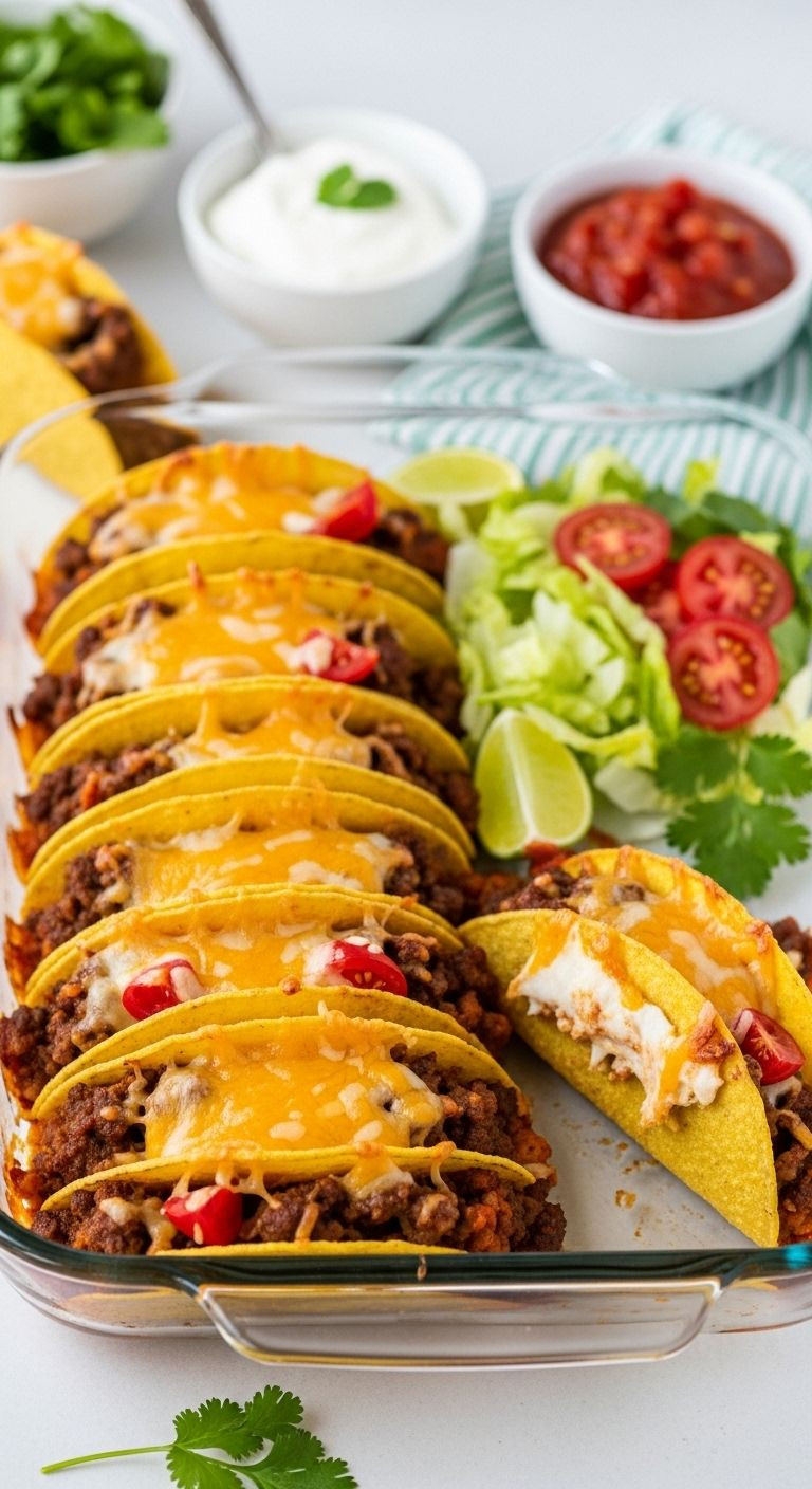 A baking dish filled with crispy baked ground beef tacos with golden brown cheese, showing a hearty filling, with salsa and sour cream toppings in the background.
