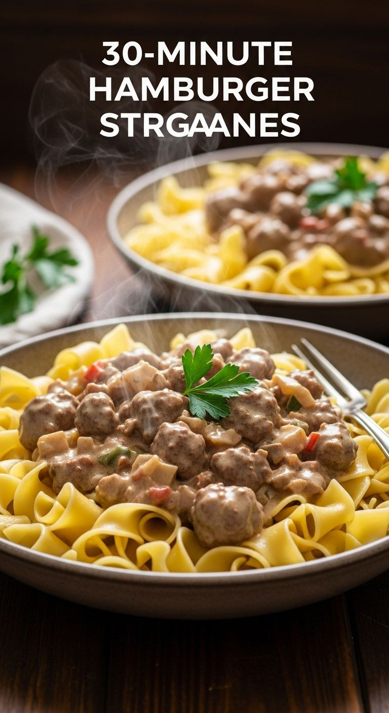 A rustic bowl of creamy hamburger stroganoff with wide egg noodles and a fork, steaming on a dark wood table.